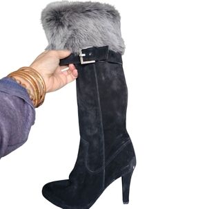 Charisma Italian jet black suede. Real fur trim with silver buckle. Hot!! EUC
